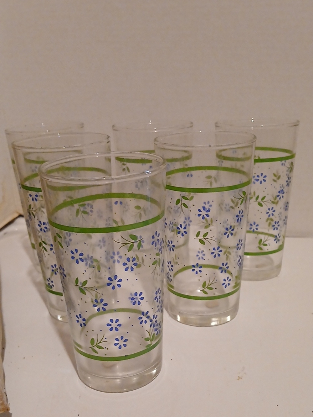Vintage Glass Tumblers with Blue Floral and Green Bands - Vintage